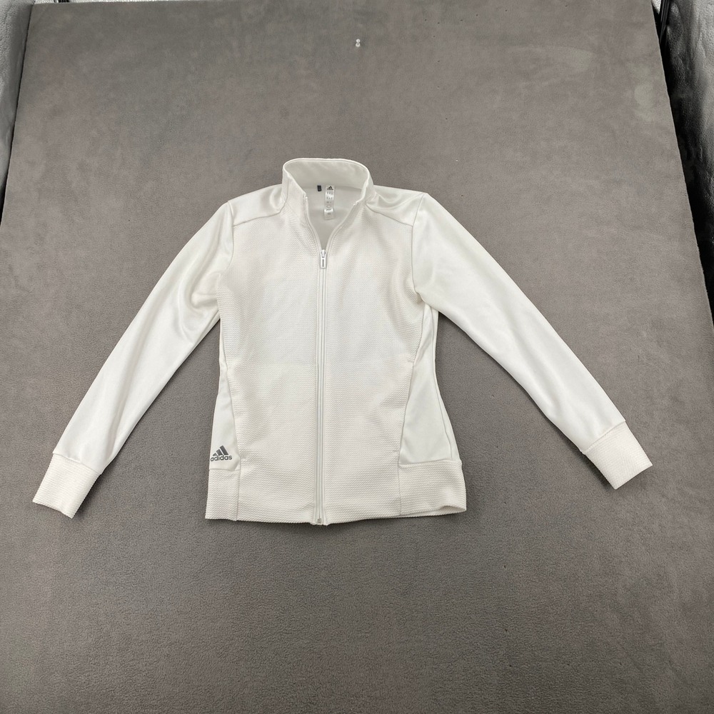 Adidas White Textured Waffle Knit Full Zip Track Jacket Womens XS Athleisure
